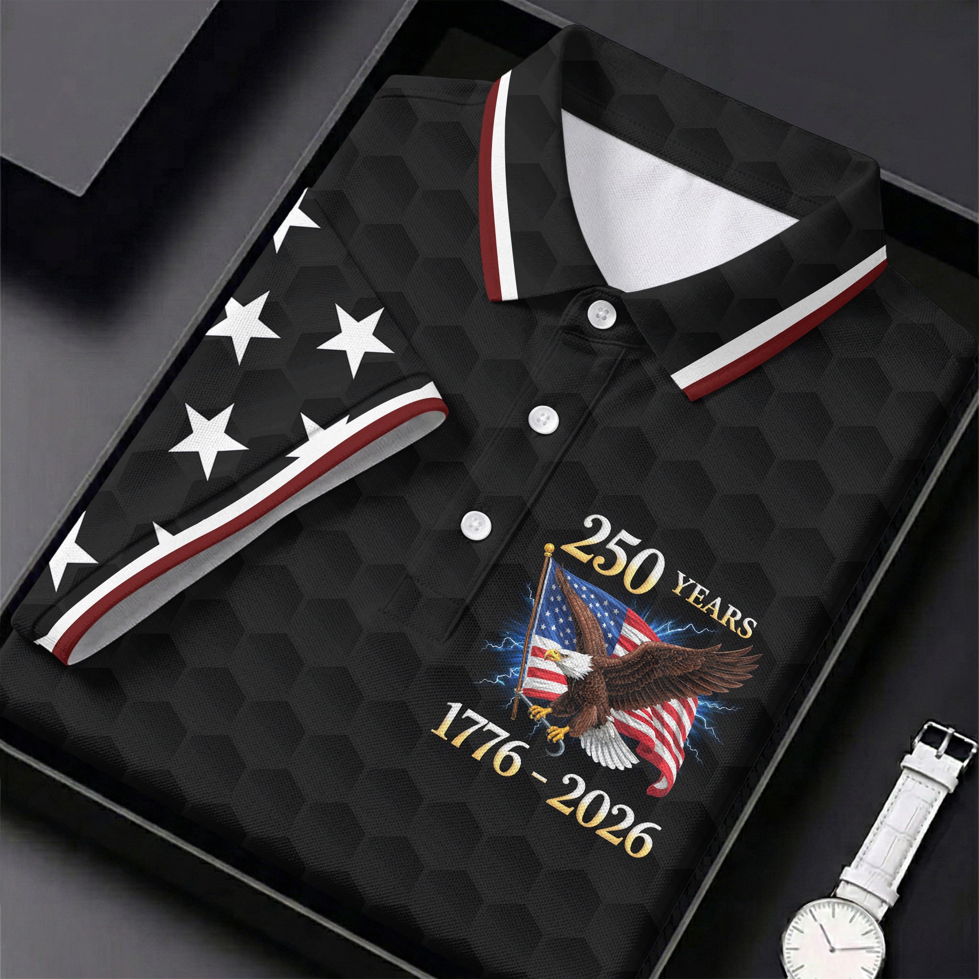 250 Years Bald Eagle US Flag Golf Shirt, Patriotic 4th Of July Golf Ball Pattern Golf Shirts For Men