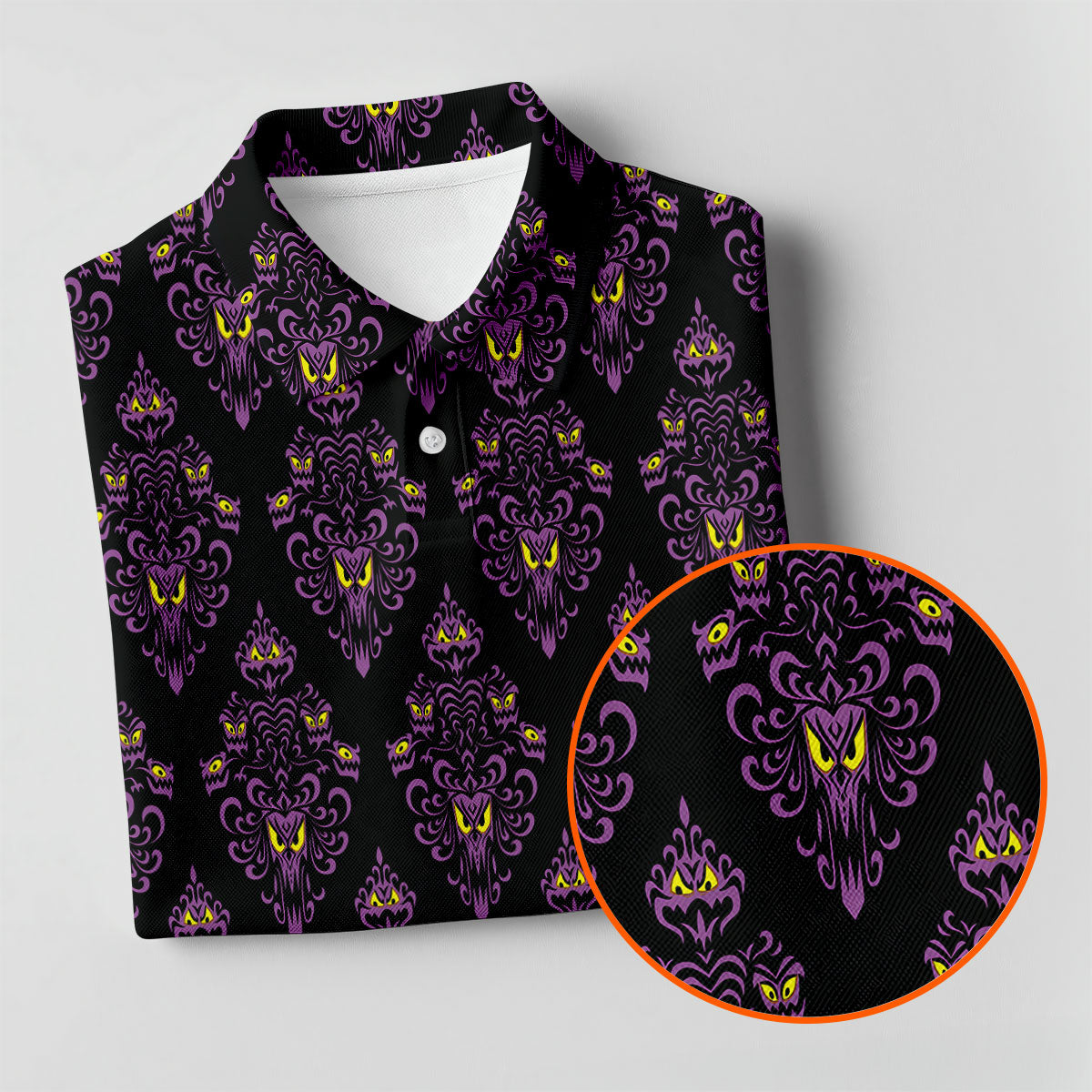 Purple Haunted Demon Faces Halloween Polo Shirt, Printed Golf Shirts, Golf Apparel For Men