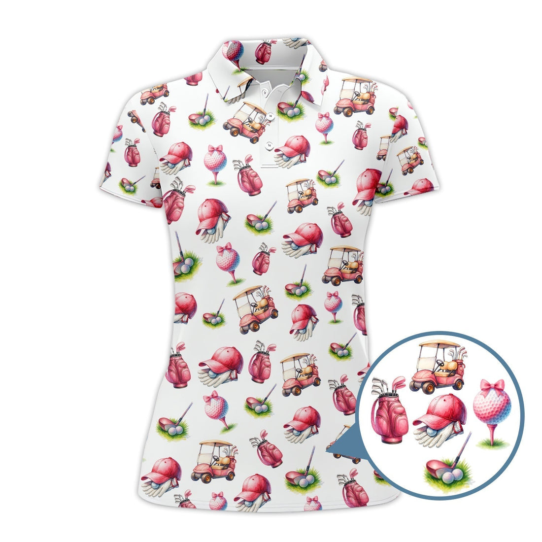 Pink Golf Pattern Polos, Women’s Golf Shirt, Golf Shirts For Ladies