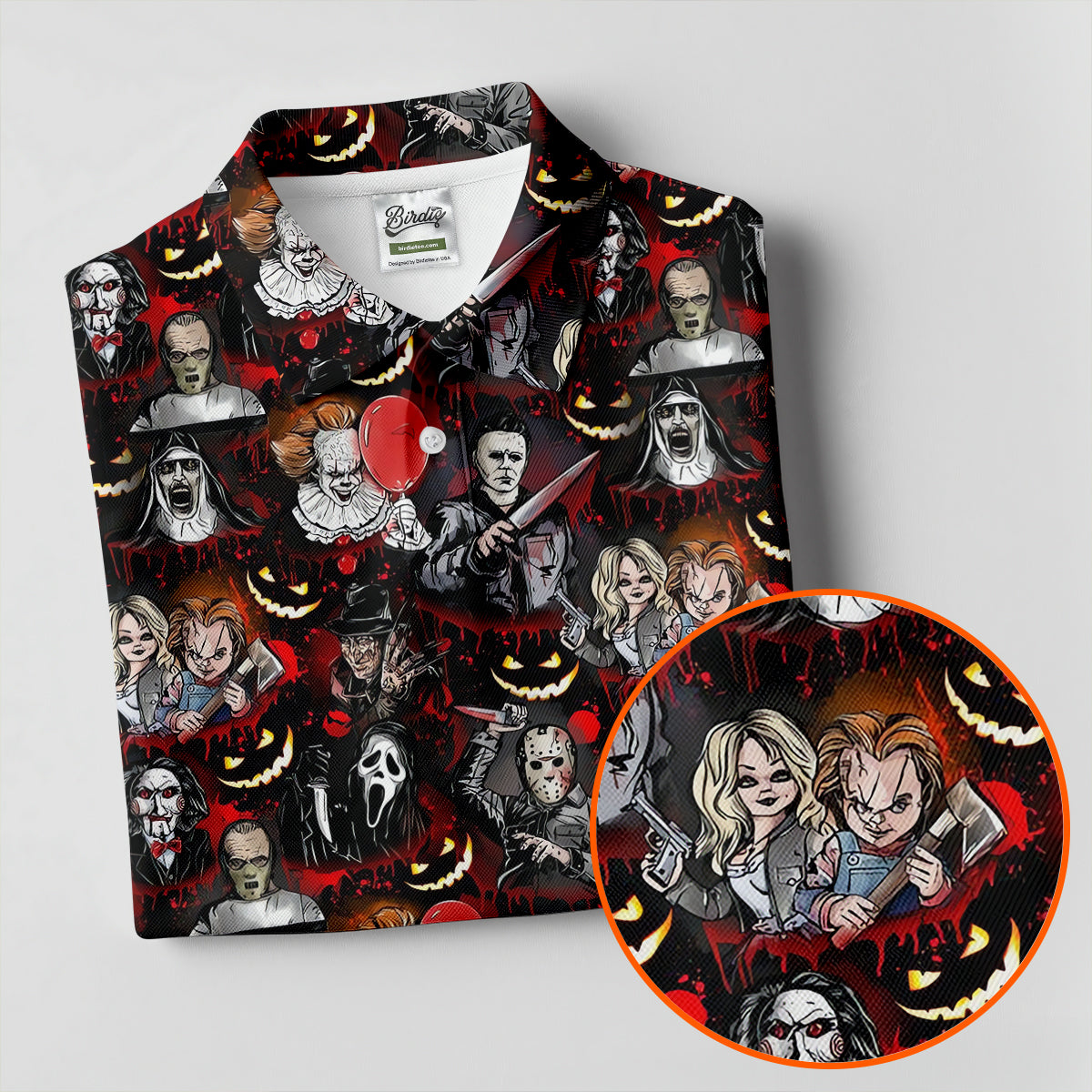 Horror Character Halloween Pattern Golf Polo Shirt, Mens Golf Shirts, Hawaiian Golf Shirt