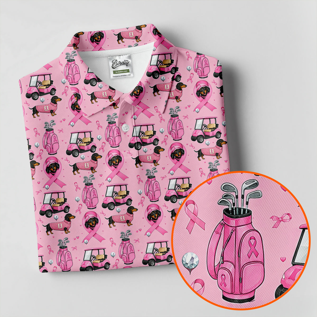 Cute Dog Golf Cart Breast Cancer Ribbon Polo Shirt, Ladies Golf Tops, Women’s Golf Polo