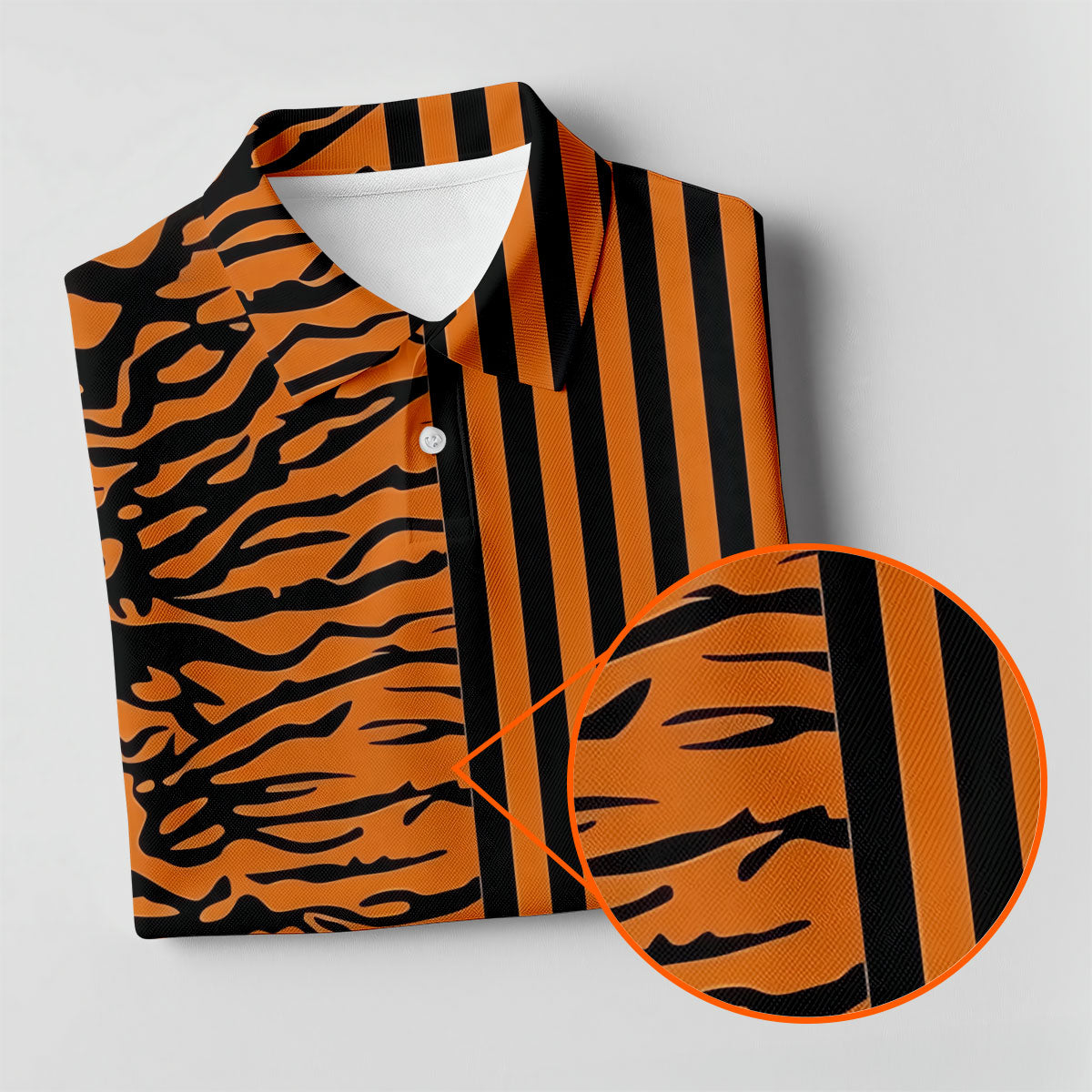 Orange Tiger Stripe Split Pattern Golf Shirt, Women's Golf Tops, Ladies Golf Shirts, Printed Golf Shirt