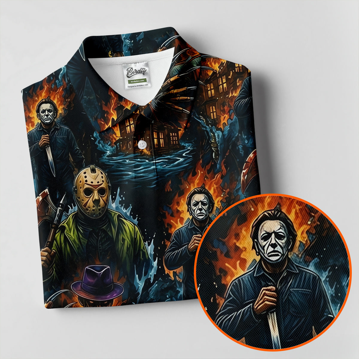 Horror Character Fire Collage Halloween Polo Shirt, Women’s Golf Polo, Golf Tops For Women