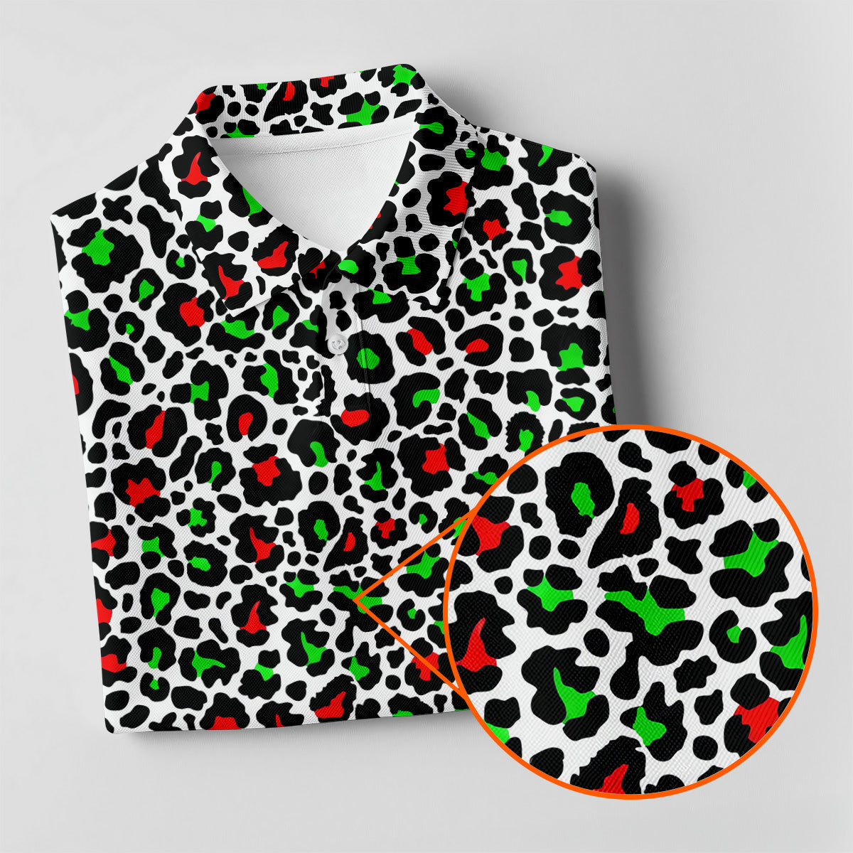 Leopard Pattern Xmas Pine Tree Green And Red Golf Tops For Men, Christmas Golf Shirt, Polo Shirts For Men