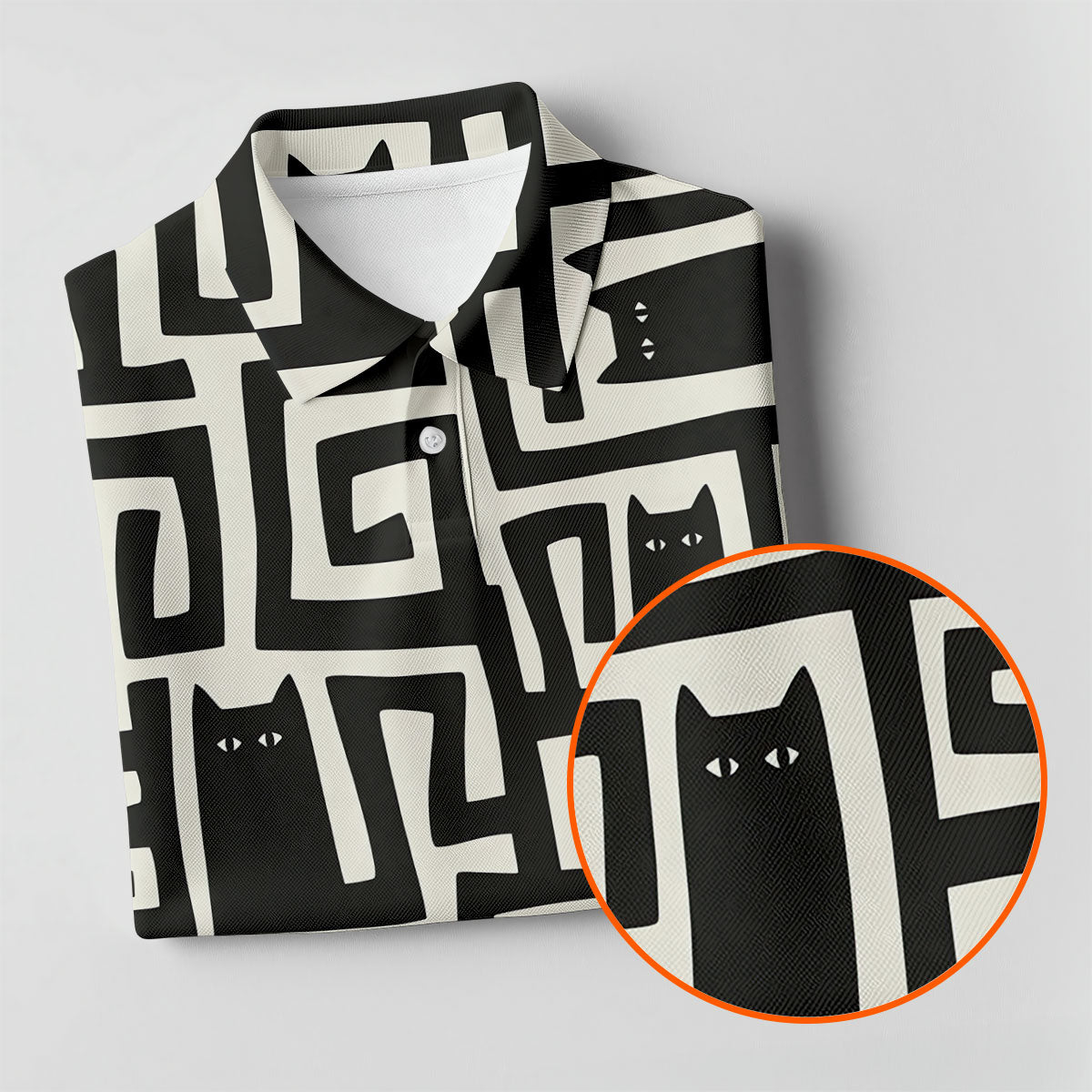 Minimalist Black Cat Maze Pattern Golf Polo Shirt, Men's Golf Shirt, Printed Golf Shirts