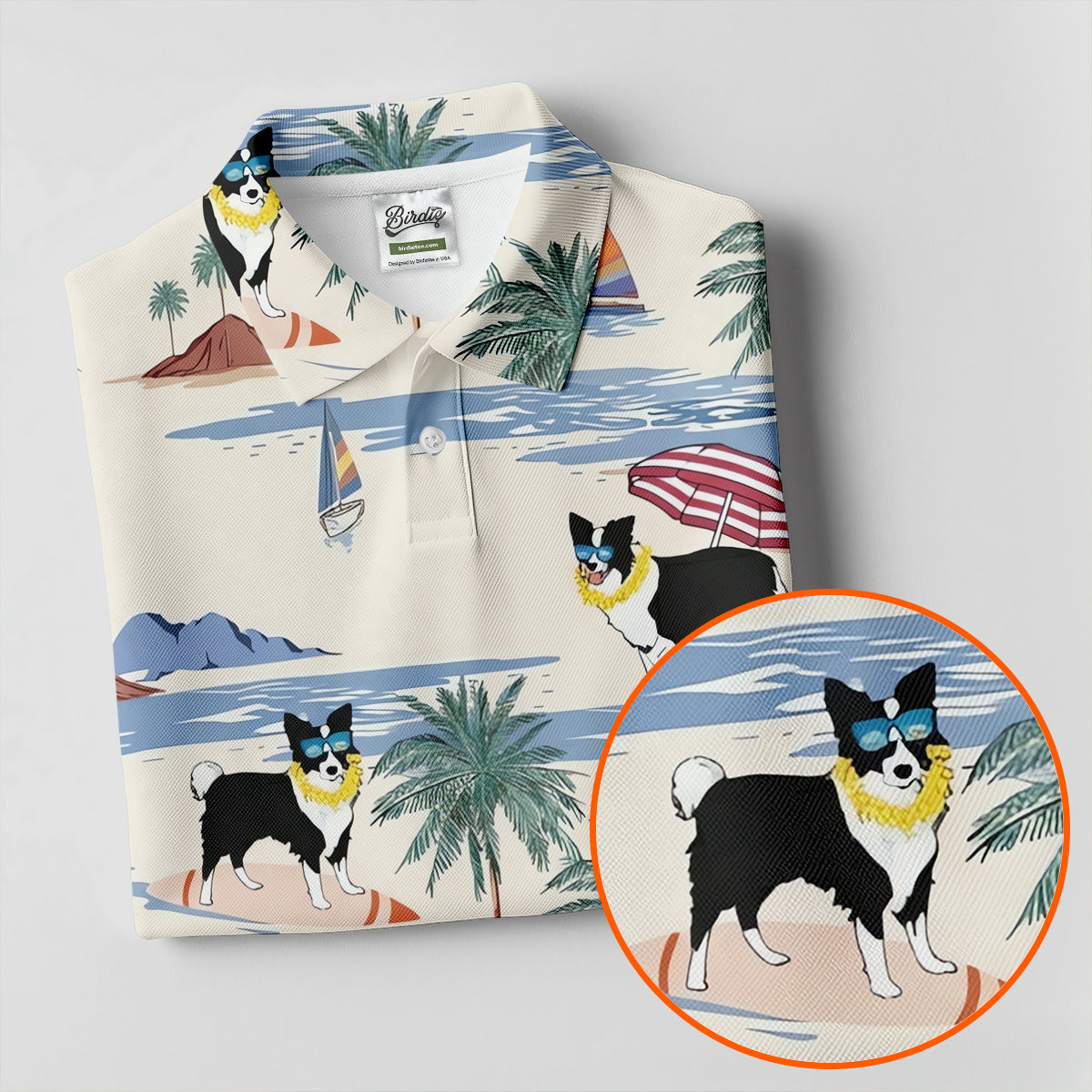 Tropical Border Collie Beach Hawaiian Golf Polo Shirt, Ladies Golf Shirt, Womens Golf Tops