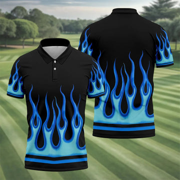 Black Blue Flame Sleeve Golf Shirt, Men's Golf Shirt, Golf Apparel For Men
