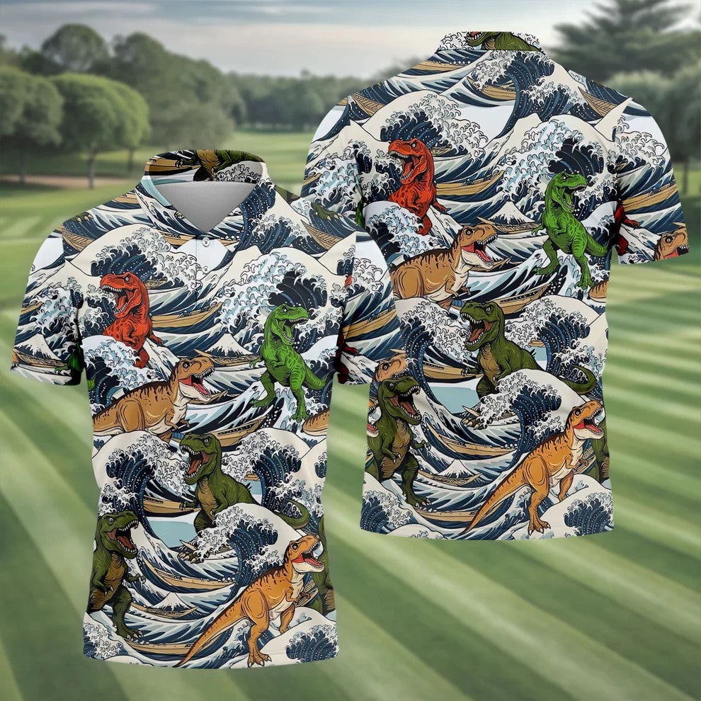T Rex Surfing Great Wave Golf Polo Shirt, Men's Golf Shirt, Printed Golf Shirts