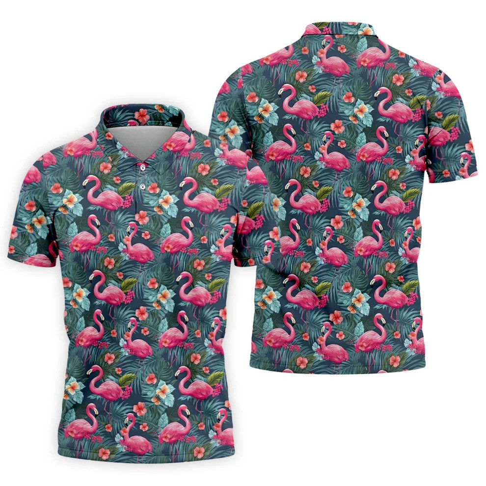 Pink Flamingo Tropical Floral Golf Polo Shirt, Hawaiian Golf Shirt, Golf Shirts For Men
