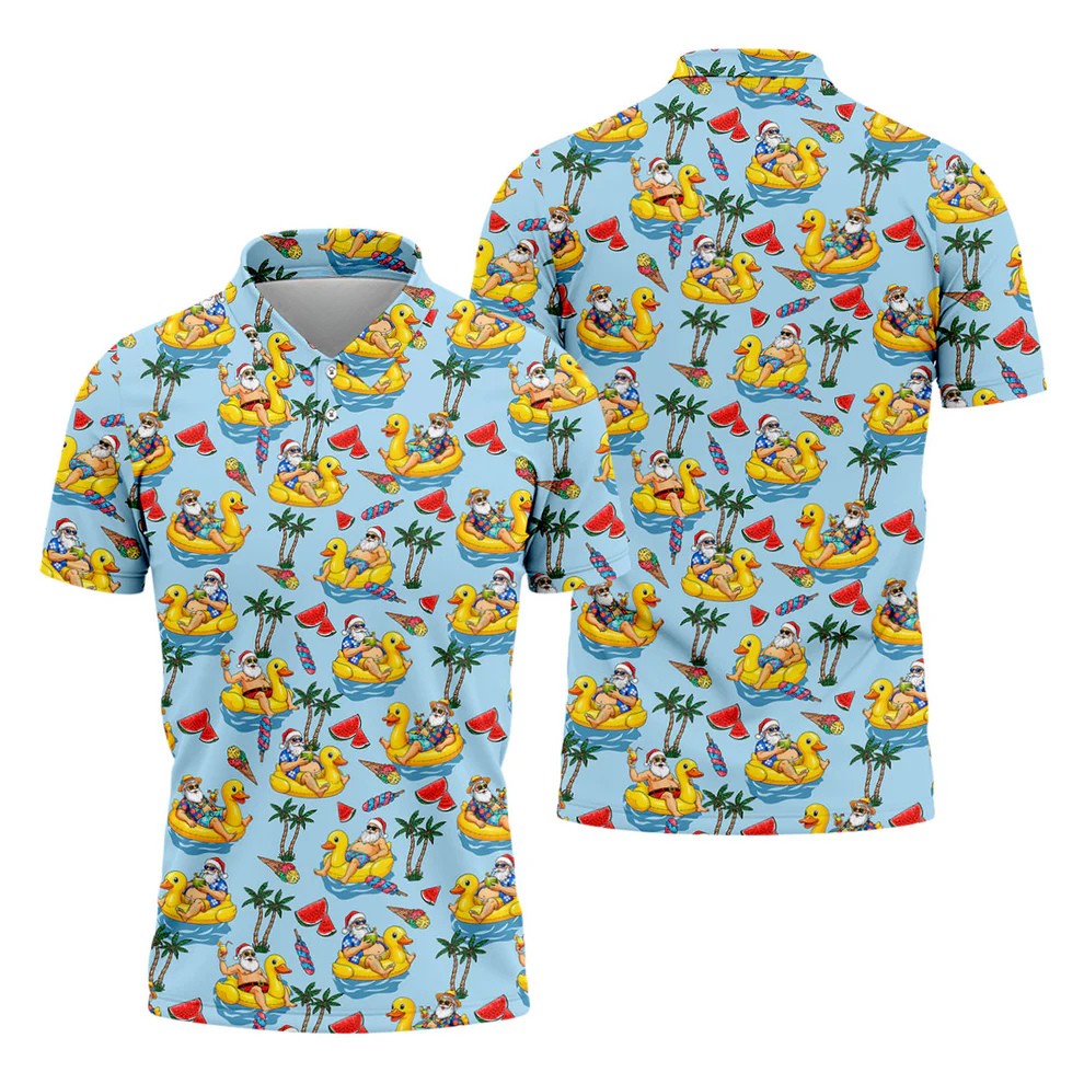 Men's Santa Duck Pool Float Hawaiian Golf Shirt, Christmas Golf Shirt, Golf Apparel For Men