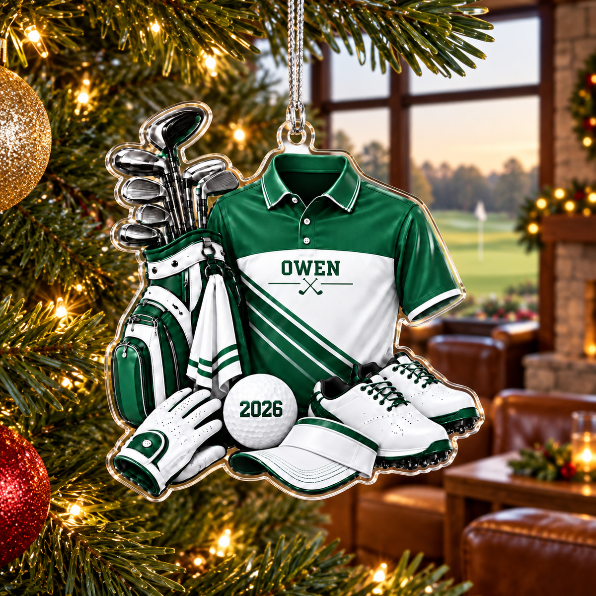 Custom Name Green Golf Shirt And Bag Acrylic Ornament, Holiday Gifts, Golf Gifts