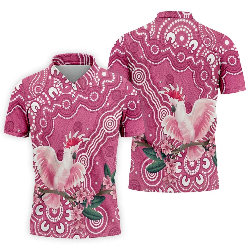 Pink Cockatoo Floral Aboriginal Art Polo Shirt, Hawaiian Golf Shirt, Mens Golf Shirts