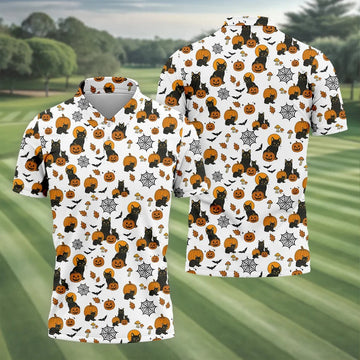 Halloween Cat Pumpkin Men Polo, Fun Golf Shirts For Men, Cool Golf Gifts, Golfing Apparel