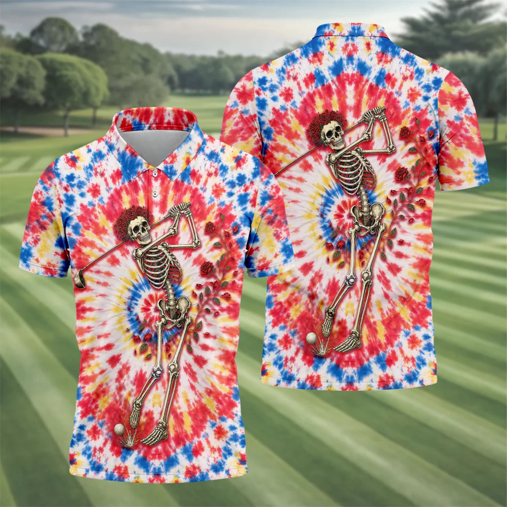 Skeleton Golfer Tie Dye Polo Shirt, Golf Apparel For Men, Golf Polo Shirts For Men