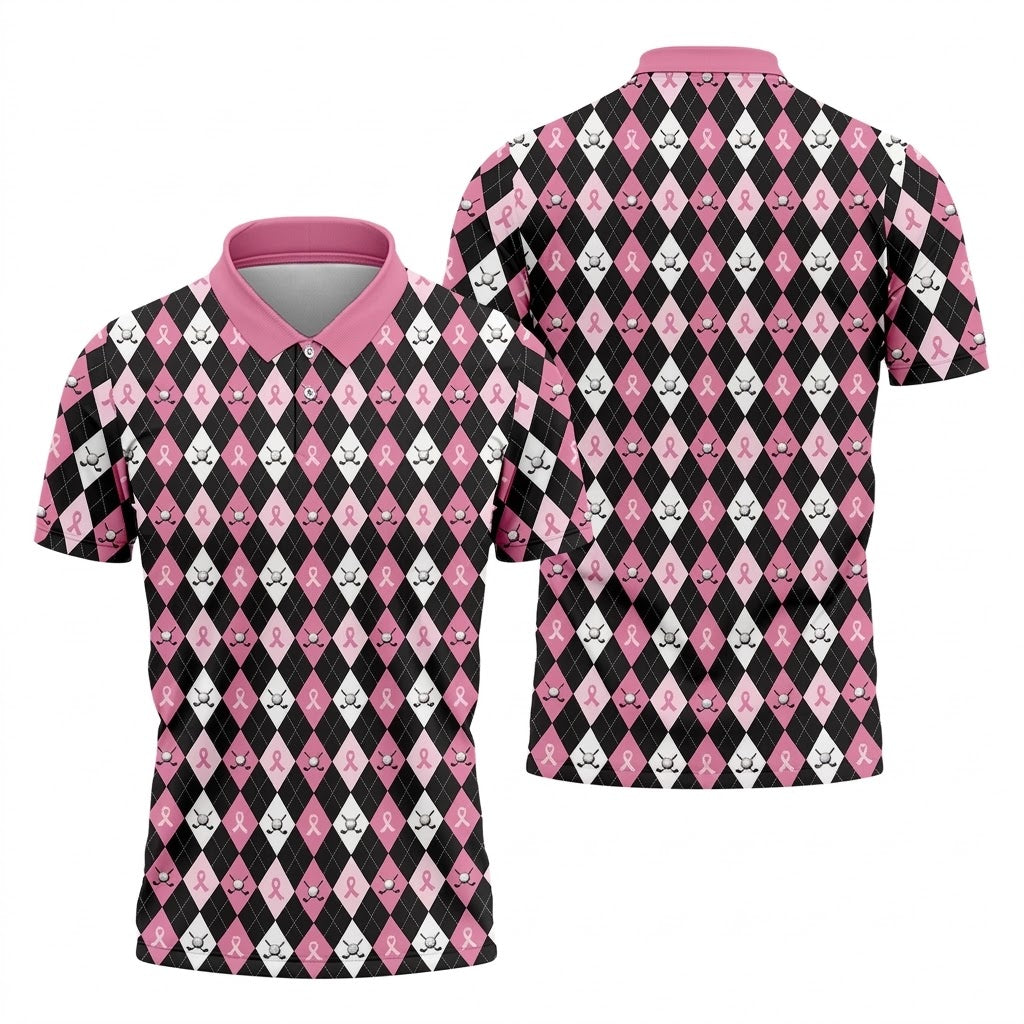 Black Pink Argyle Men's Golf Polo Shirt, Breast Cancer Golf Shirt, Golf Gift For Men, Matching Golf Shirts