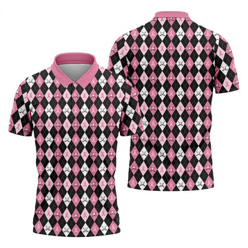 Black Pink Argyle Men's Golf Polo Shirt, Breast Cancer Golf Shirt, Golf Gift For Men, Matching Golf Shirts