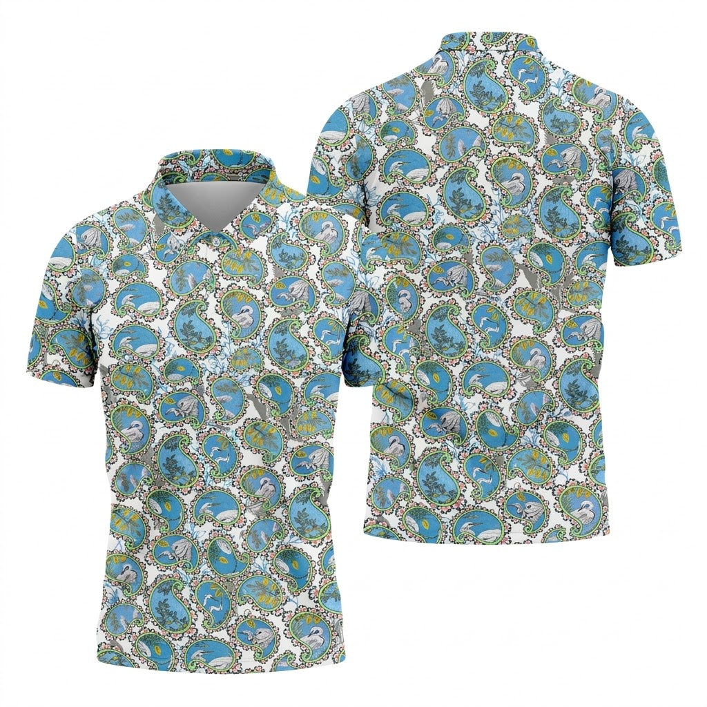 Paisley Flowers Heron Painting Print Golf Shirt, Polo Shirts For Men, Golf Shirts For Men
