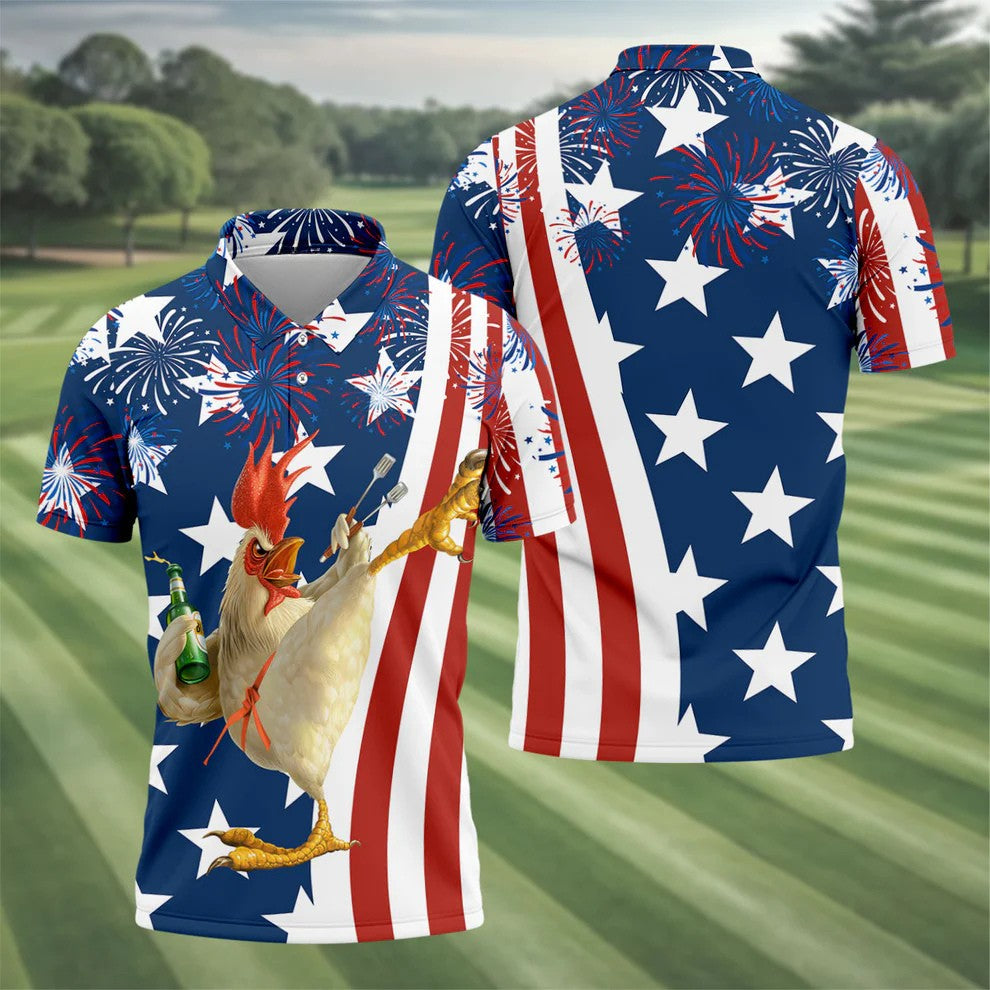 Funny Rooster Red White Blue 4th Of July Golf Shirt, 250 Years Golf Shirts For Men