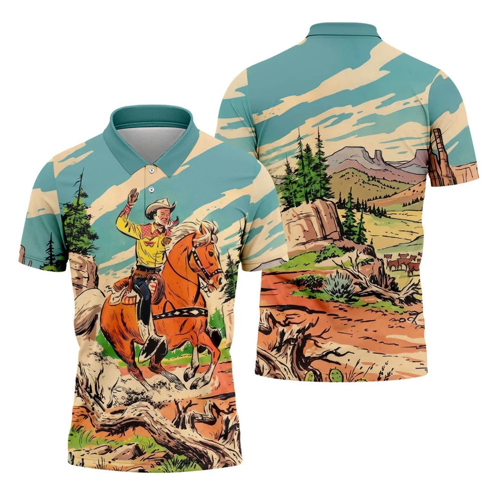 Vintage Cowboy Horse Riding Golf Polo Shirt, Mens Golf Polo, Golf Apparel For Men
