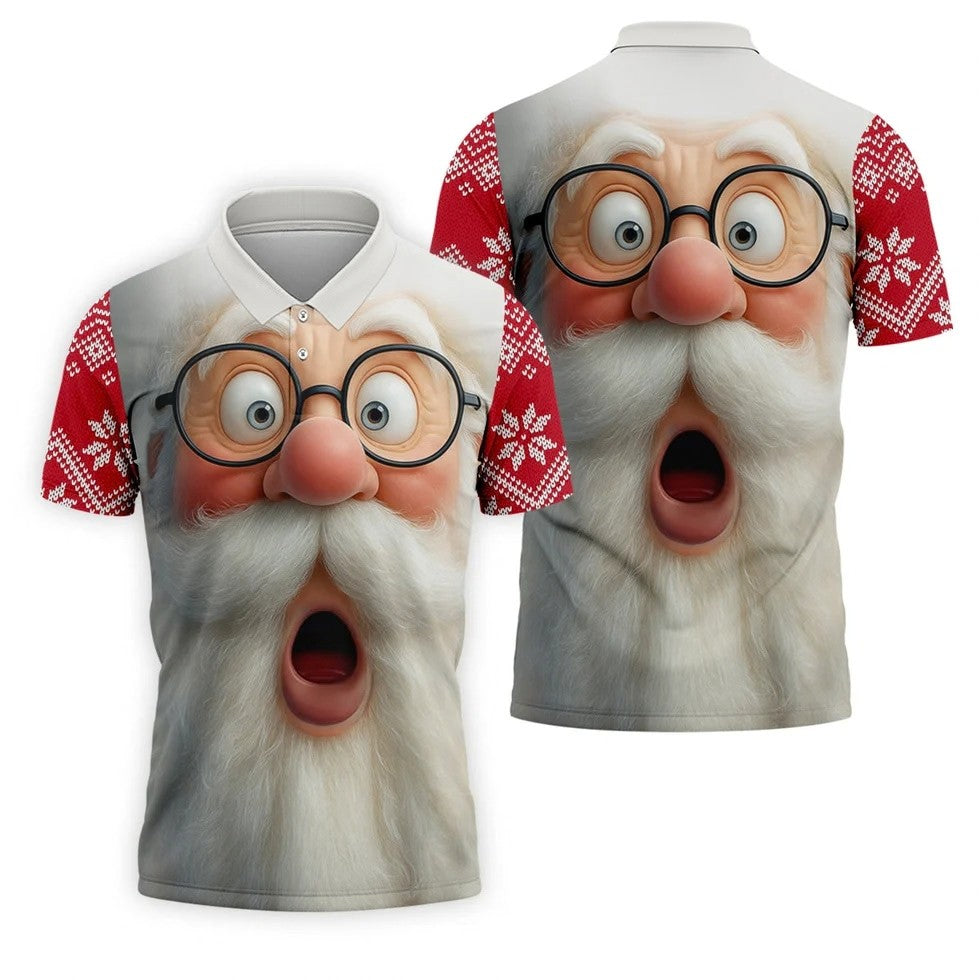 Surprised Funny Santa Claus Face Men's Golf Polo Shirts, Christmas Golf Shirt, Golf Gift For Men