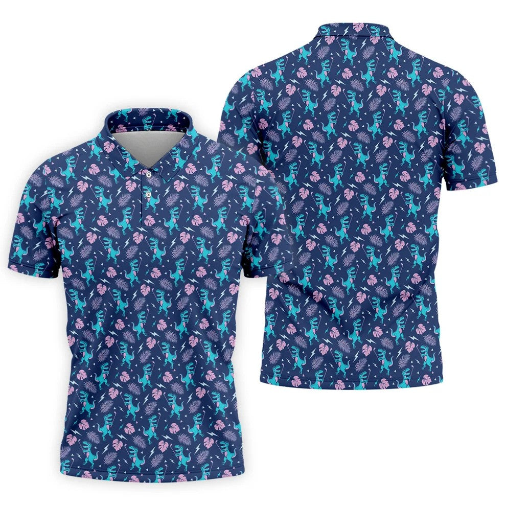 Funny Dinosaur Golfer Tropical Pattern Polo Shirt, Mens Golf Polo, Printed Golf Shirts