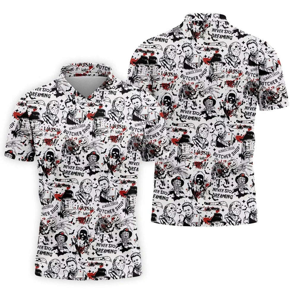 Classic Horror Character Collage Halloween Polo Shirt, Men's Golf Shirt, Mens Golf Apparel
