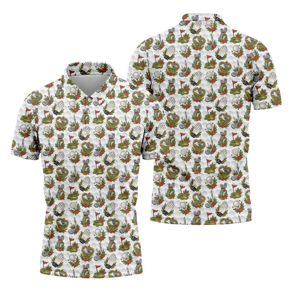Floral Golf Club Pattern White Hawaiian Golf Shirt, Men's Golf Shirt, Golf Apparel For Men