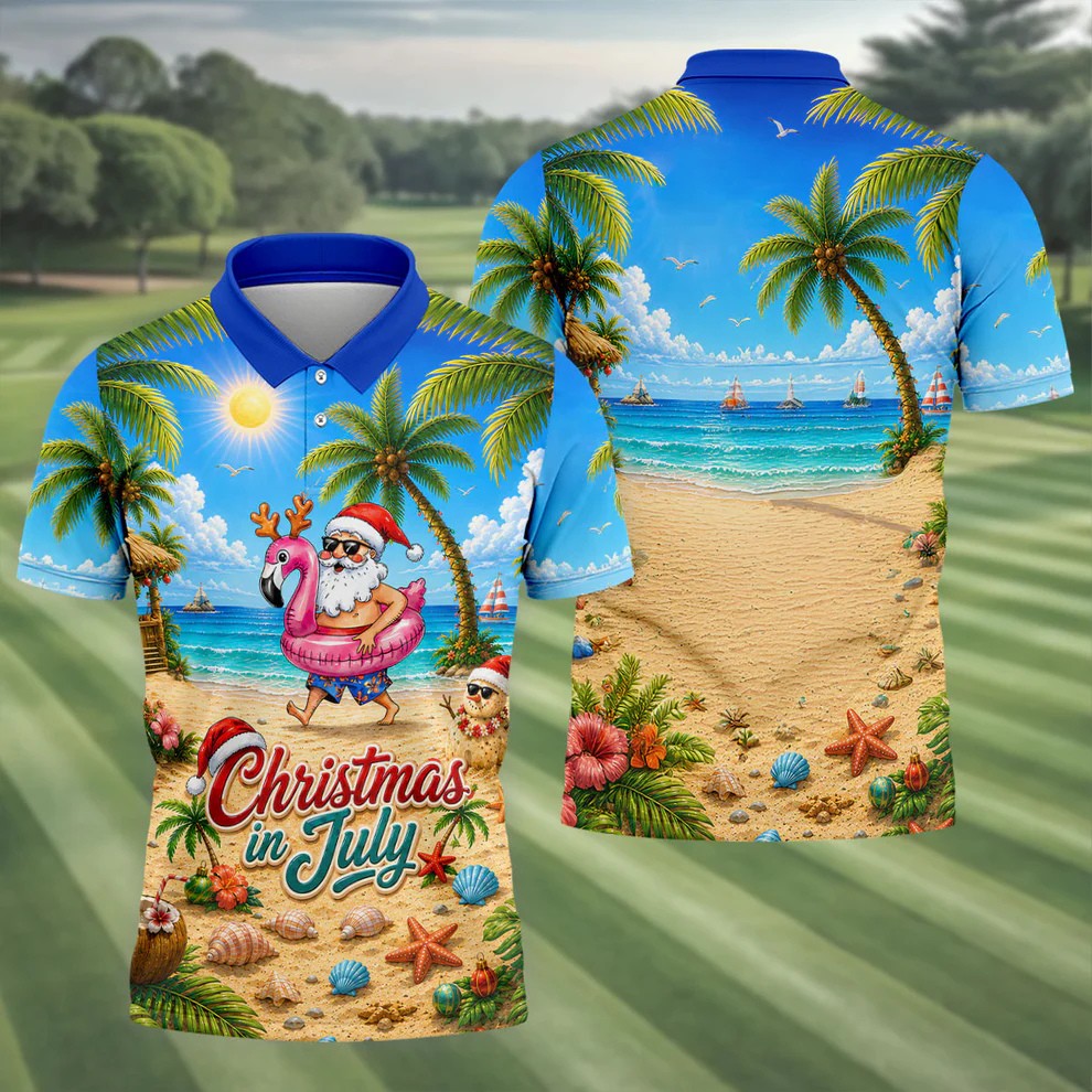 Santa Christmas In July Beach Golf Shirt, Christmas Golf Shirt, Golf Apparel For Men