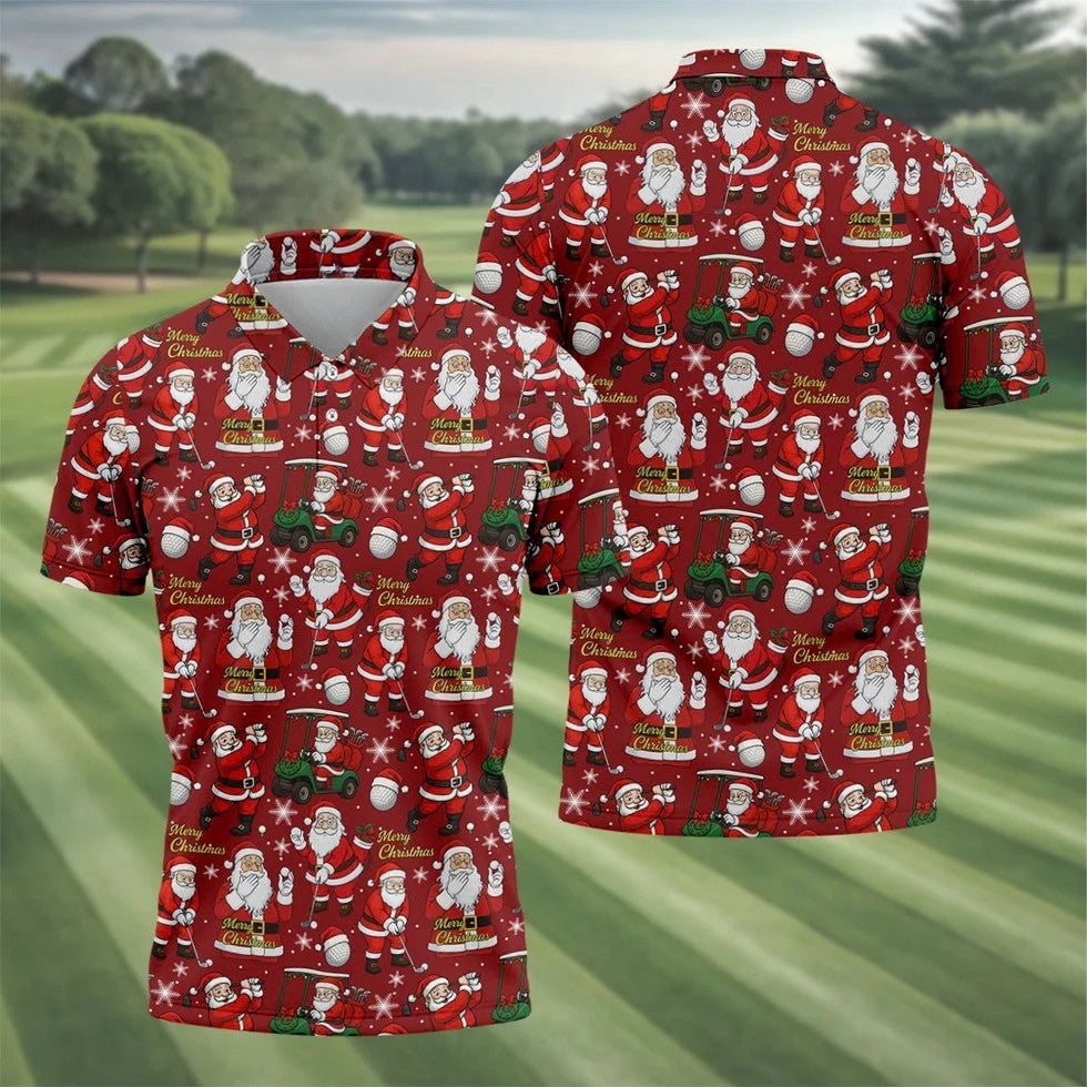 Funny Santa Golfing Christmas Polo Shirts, Christmas Golf Shirt, Polo Shirts For Men, Golf Gift For Men