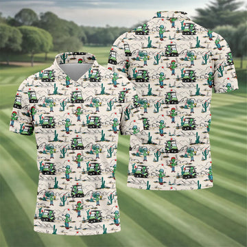 Beige Alien Desert Golf Pattern Golf Polo Shirt, Golf Polo Shirts For Men, Hawaiian Golf Shirt