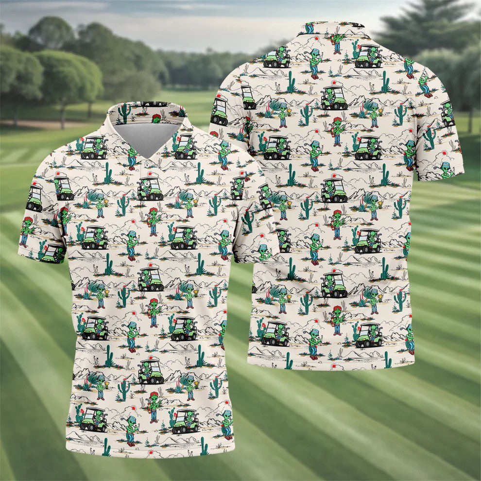Beige Alien Desert Golf Pattern Golf Polo Shirt, Golf Polo Shirts For Men, Hawaiian Golf Shirt