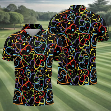 Colorful Heart Outline Pattern Golf Polo Shirt, Golf Polo Shirts For Men, Mens Golf Apparel