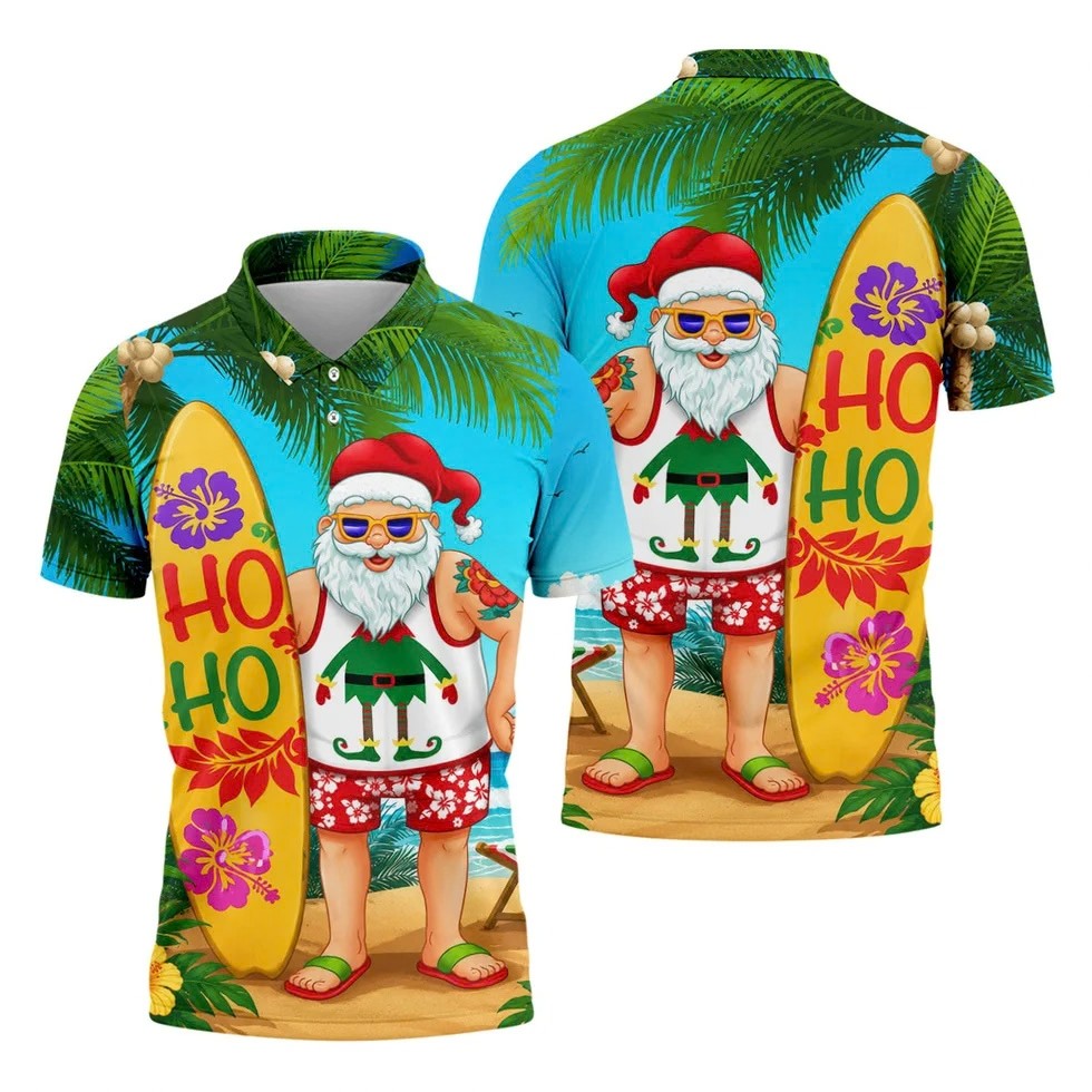 Surfboard Santa Tropical Christmas Golf Shirt, Men's Golf Shirt, Hawaiian Golf Shirt