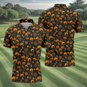 Black Cat Pumpkin Men Polo, Fun Golf Shirts For Men, Halloween Gift, Golfing Apparel