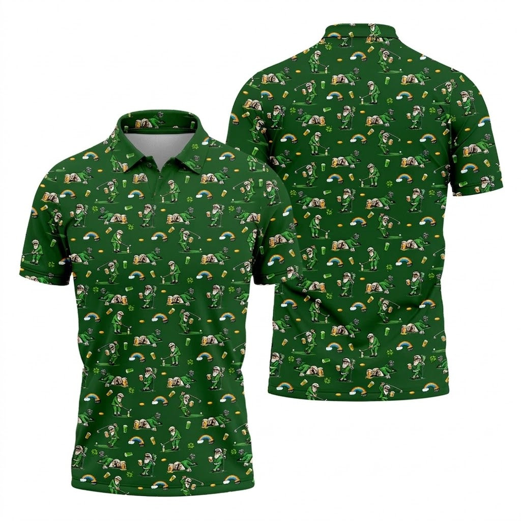 St Patrick's Day Leprechaun Character Golf And Beer Green Golf Shirt, Fun Golf Shirts For Men, Polo For Men