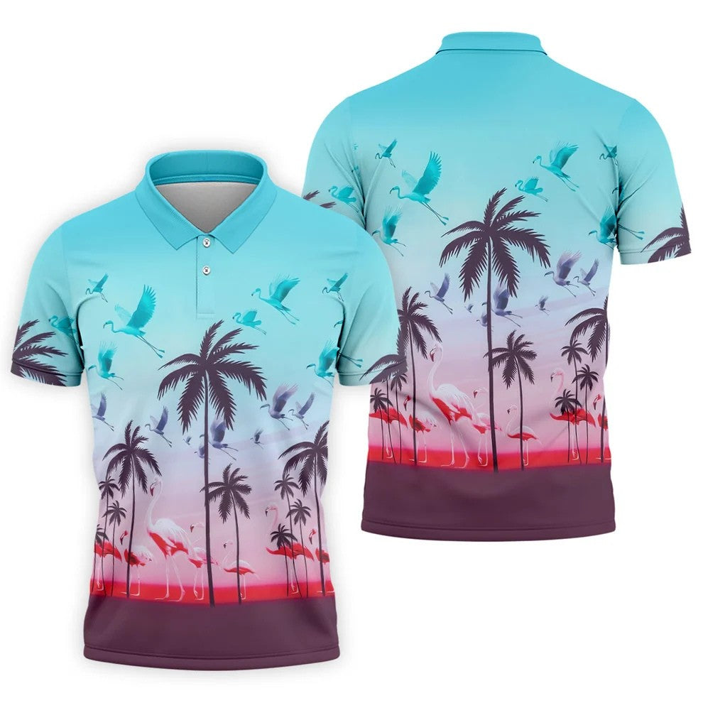 Tropical Flamingo Sunset Hawaiian Golf Shirt, Printed Golf Shirts, Golf Polo Shirts For Men