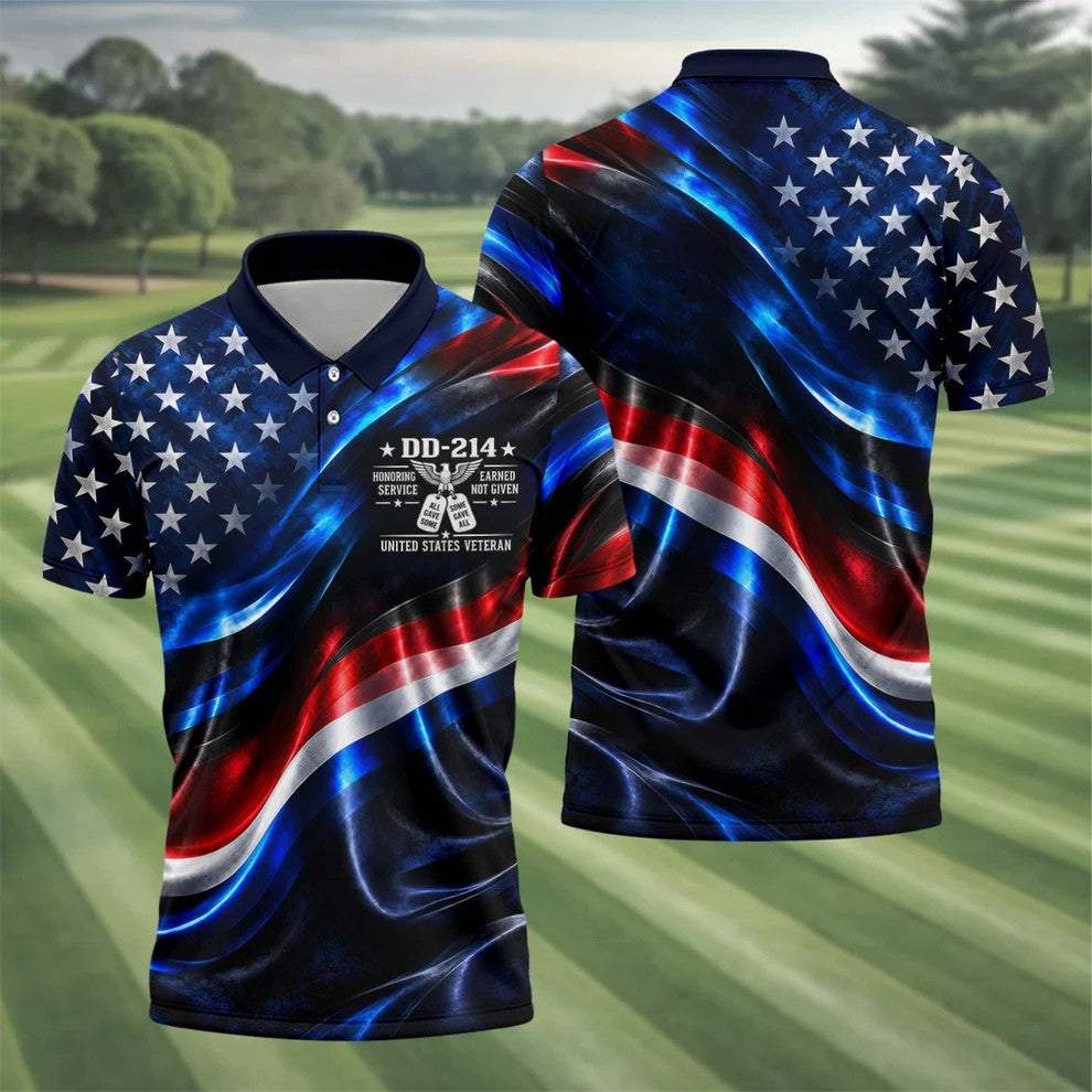 DD-214 Metallic USA Flag Golf Polo Shirt, Veterans Day Shirt, Golf Shirts For Men