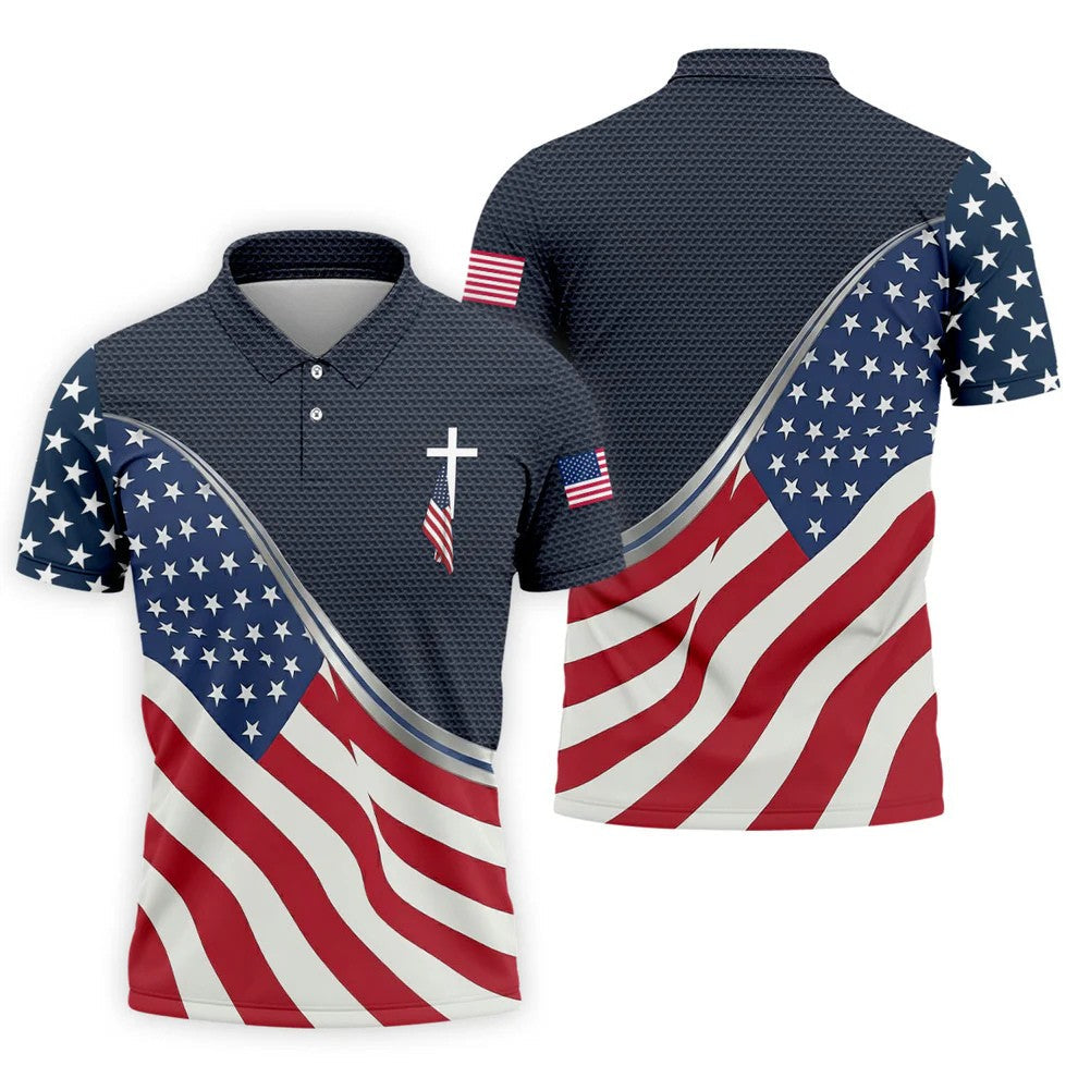 Christian American Flag Cross Golf Polo Shirt, Mens Golf Shirts, Golf Polo Shirts For Men