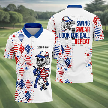 Swing Swear Look For Ball Repeat Red White Blue Argyle Golf Shirt, 250 Years Golf Shirts For Men