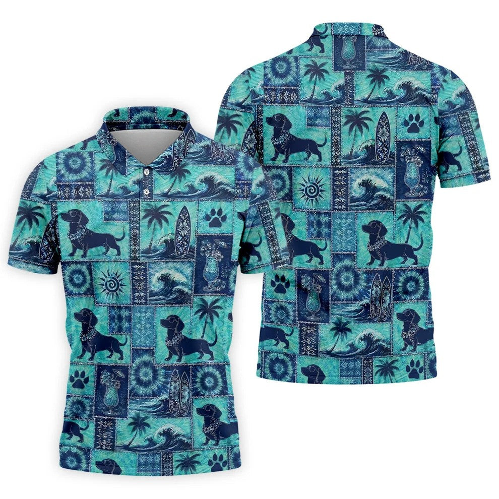 Funny Tropical Dog Surf Patchwork Golf Polo Shirt, Mens Golf Polo, Printed Golf Shirts
