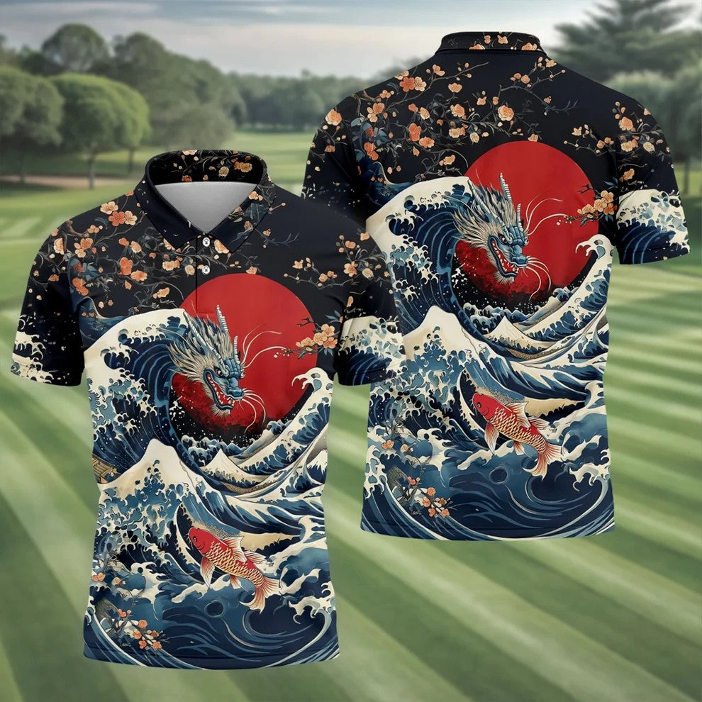 Japanese Dragon Koi Wave Hawaiian Golf Shirt, Mens Golf Apparel, Golf Polo Shirts For Men