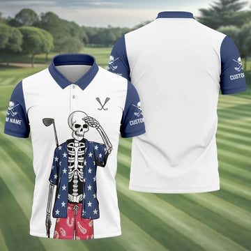 Skeleton Golf White Navy 4th Of July Patriotic Golf Shirt, 250 Years Golf Shirts For Men