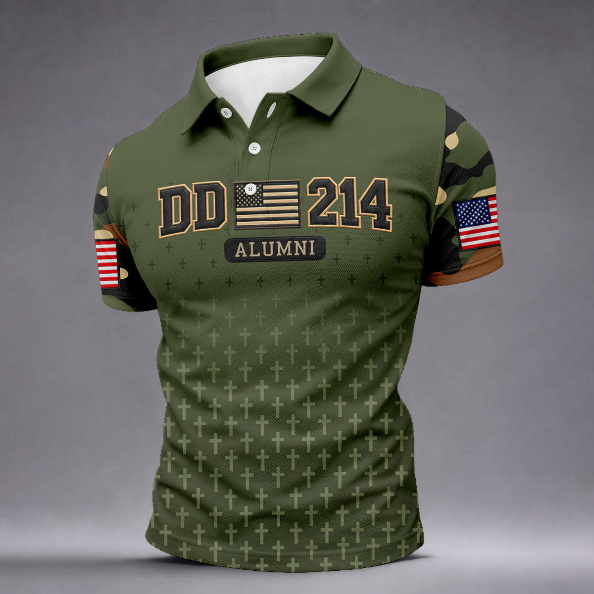 DD-214 Alumni Flag Cross Camo Polo Shirt, Veterans Day Shirt, Golf Shirts For Men