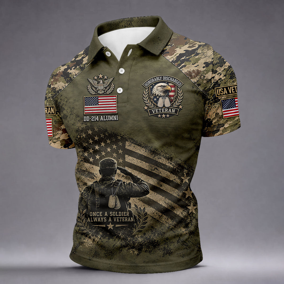 DD-214 Honorably Discharged Camo Polo Shirt, Veterans Day Shirt, Mens Golf Shirts