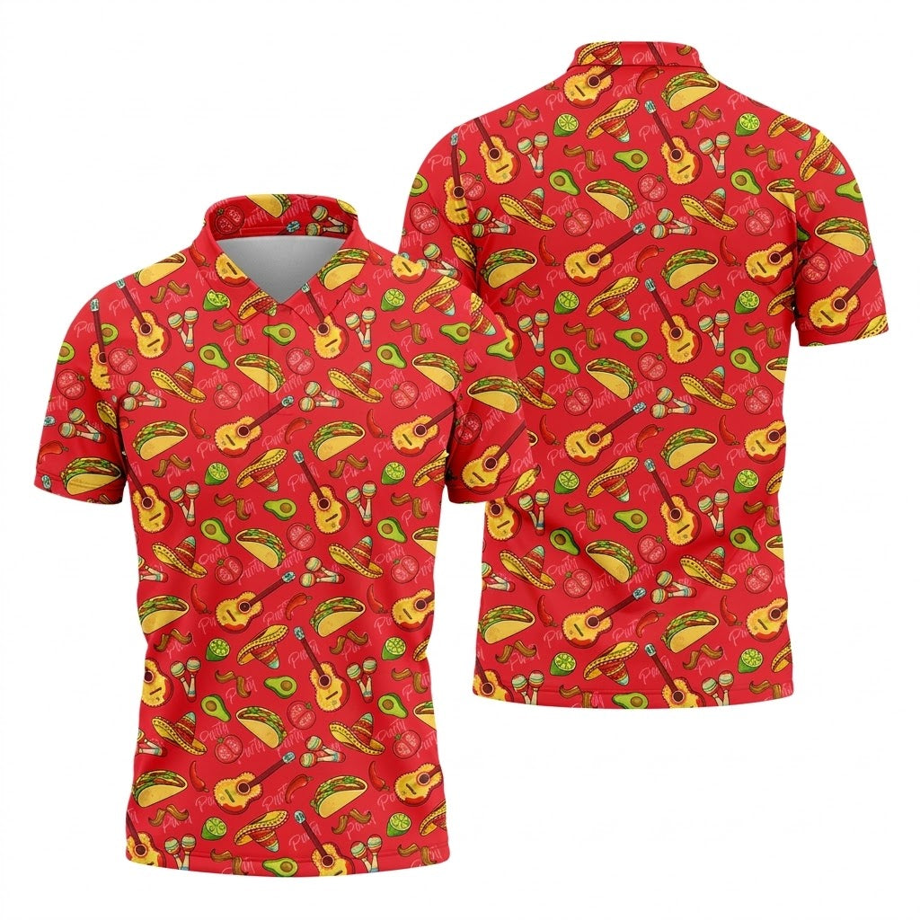 Mexican Party Seamless Pattern Red Golf Tops For Men, Cinco De Mayo Celebration Golf Shirts For Men