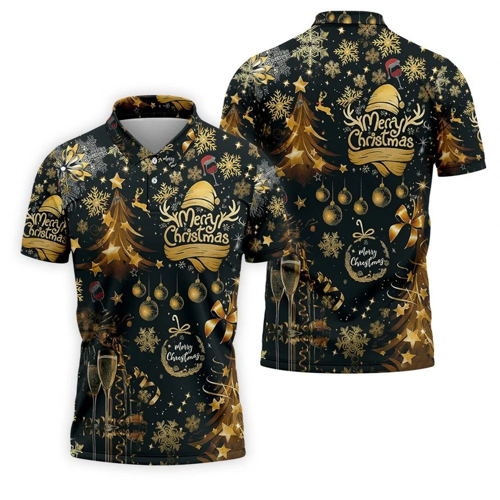 Champagne Golden Merry Christmas Men's Golf Polo Shirts, Christmas Golf Shirt, Golf Gift For Men