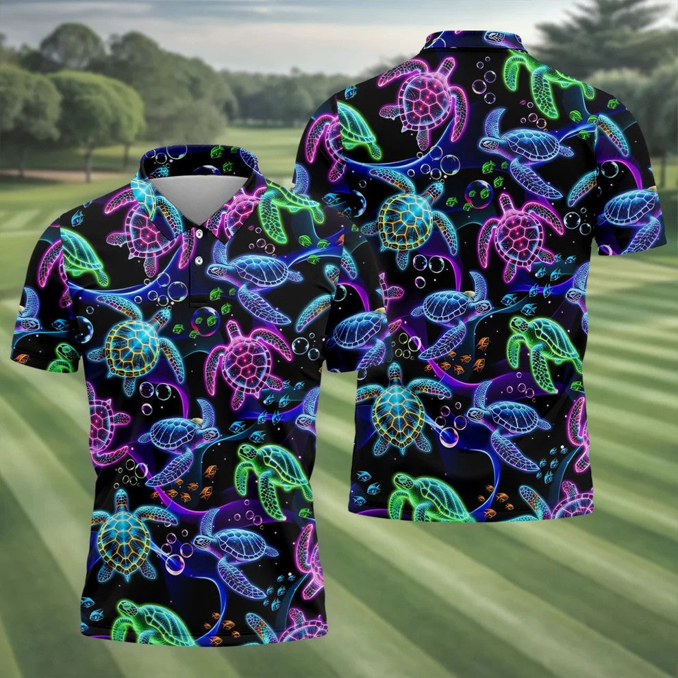 Neon Sea Turtle Ocean Pattern Hawaiian Golf Polo Shirt, Mens Golf Polo, Printed Golf Shirts