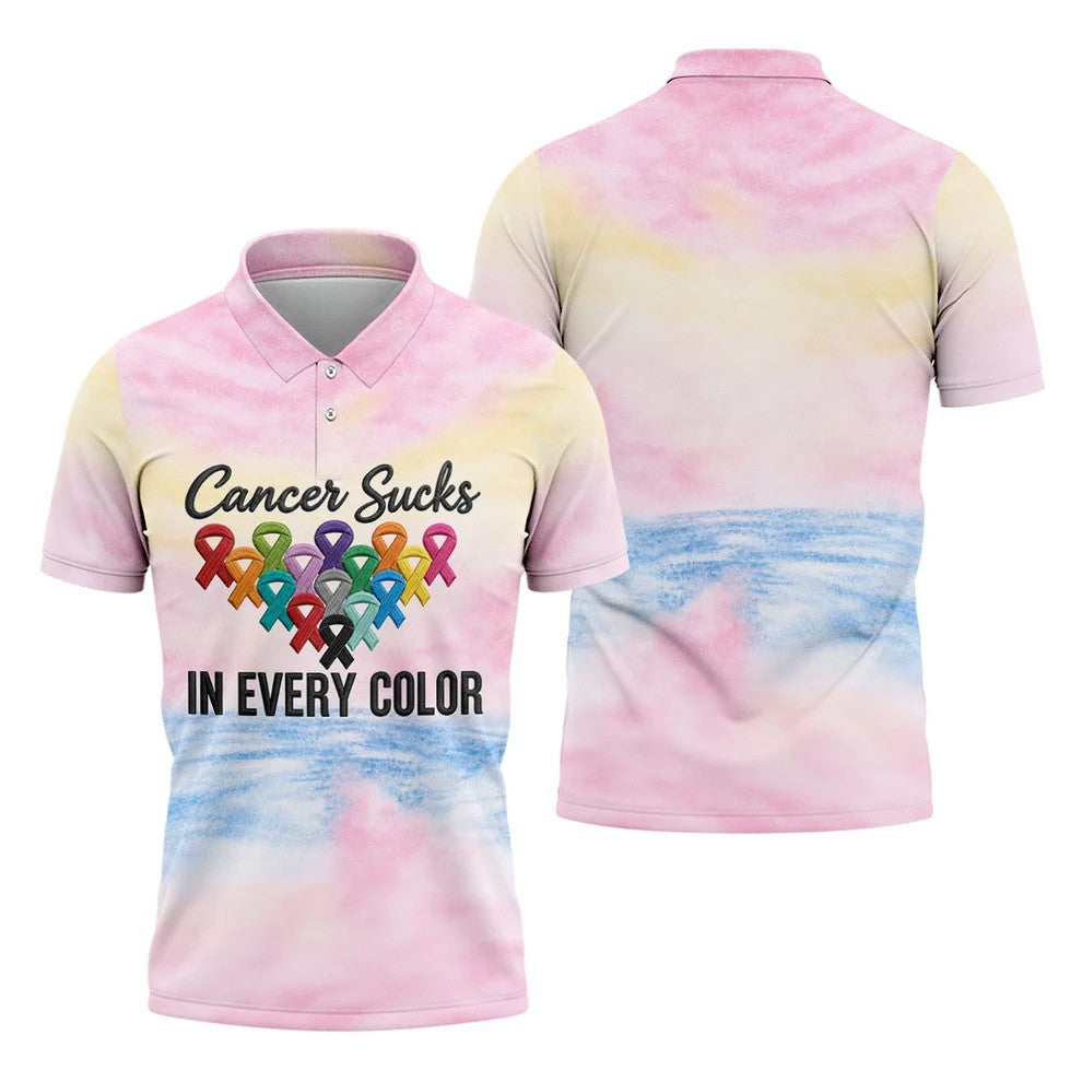 Cancer Sucks In Every Color Ribbon Polo Shirt, Mens Golf Polo, Printed Golf Shirts