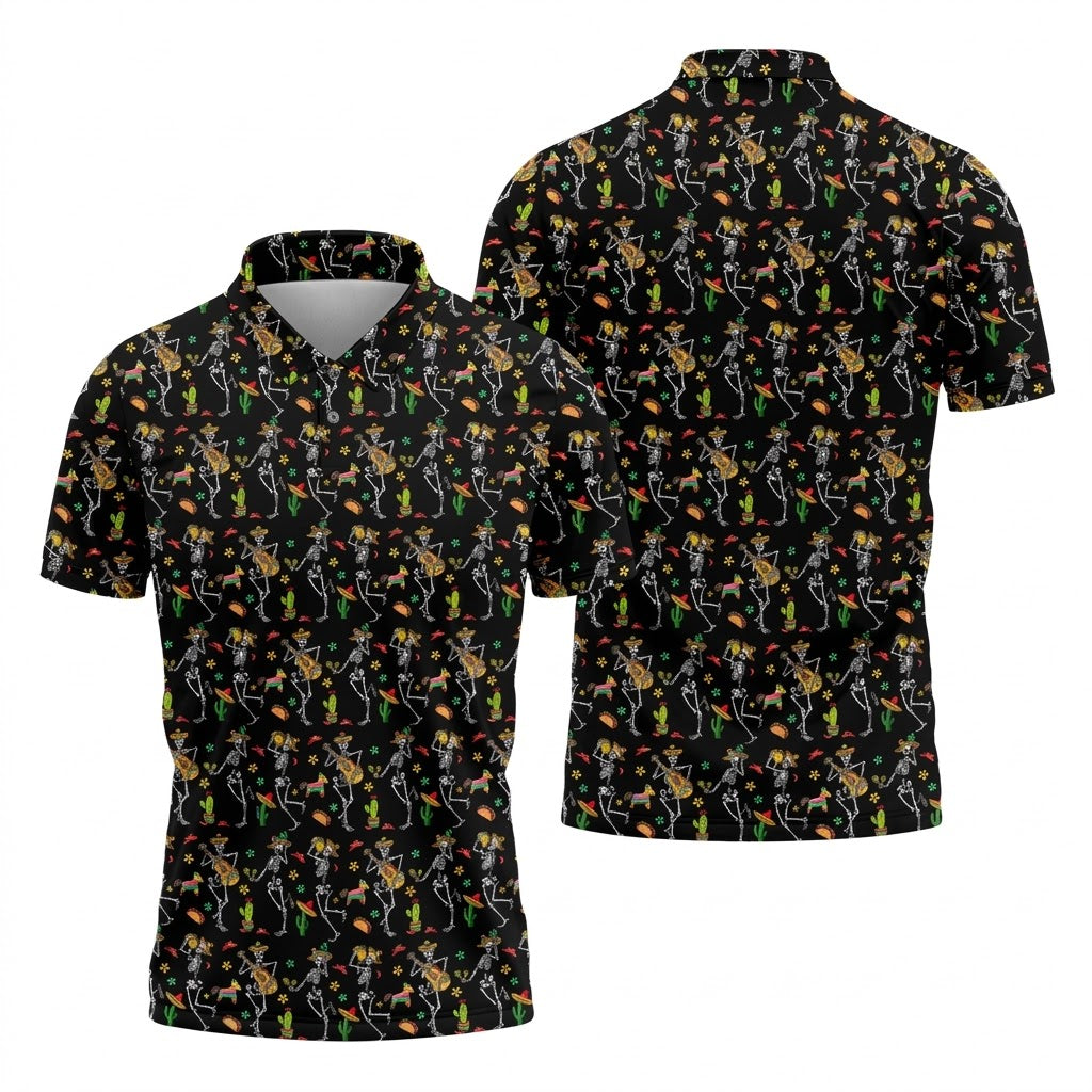Dia De Muertos Skeletons Cinco De Mayo Celebration Fiesta Themed Black Golf Shirts For Men