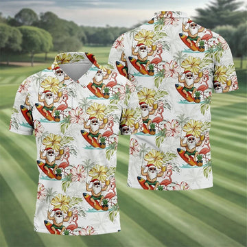 Surfing Santa Hawaiian Golf Shirt, Fun Men's Golf Polos, Christmas Golf Shirt, Golf Gift For Men
